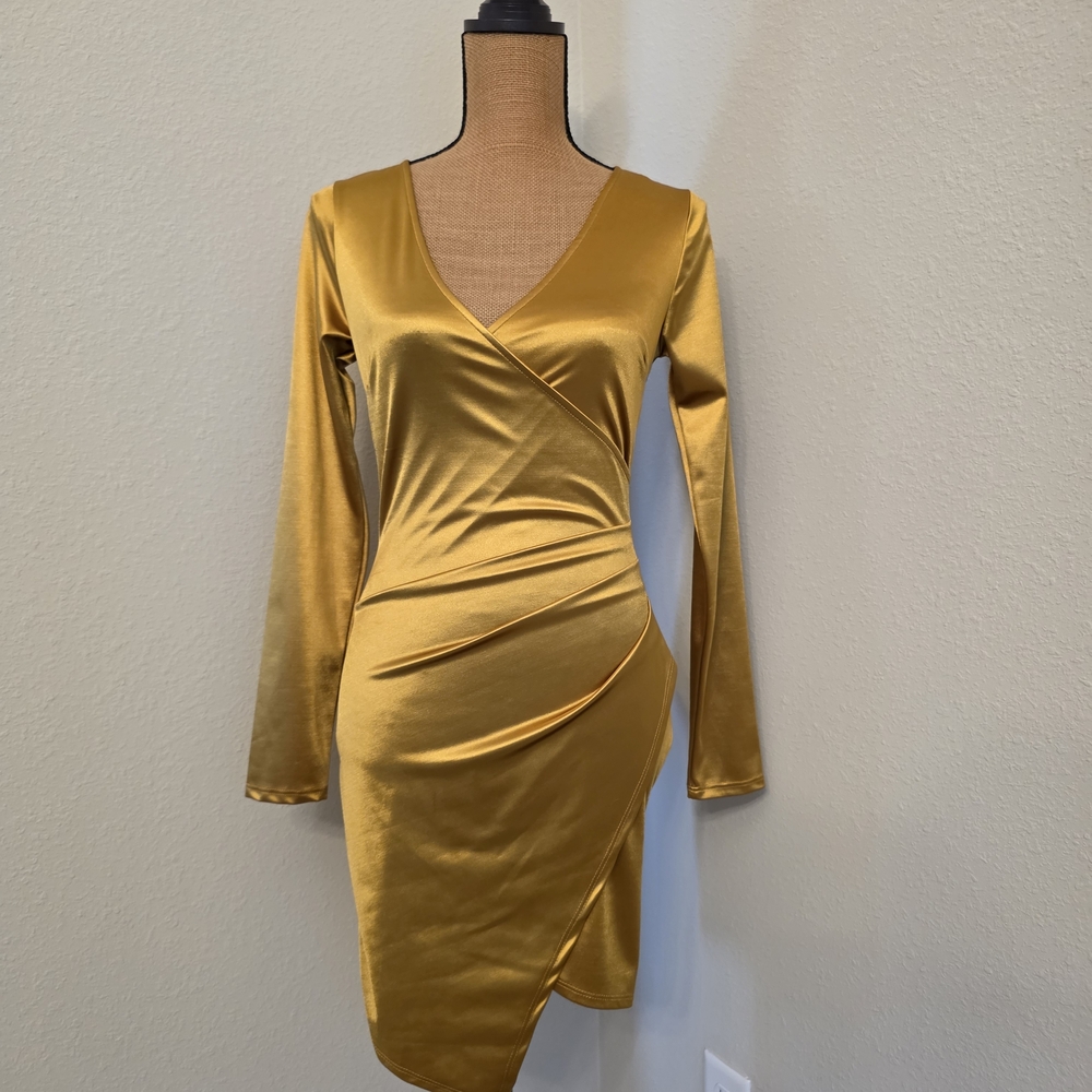 Hello Miss Gold Long Sleeve Asymmetrical Dress